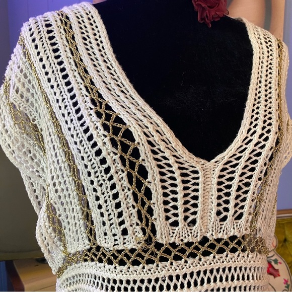 Vintage Y2K Bebe Crochet V Neck Short Sleeved Cover Up Mini Dress Size S/M - Picture 2 of 7